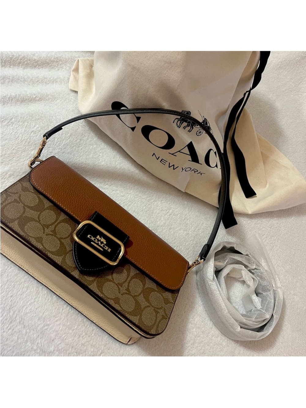 Coach Signature Canvas and Brown Leather Shoulder Bag with Black Strap